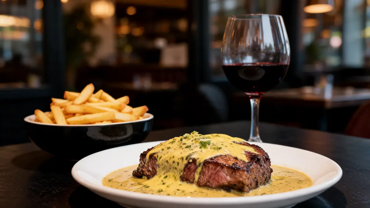 Un steak recouvert de recette sauce Charmelcia est accompagné de frites et d'un verre de vin