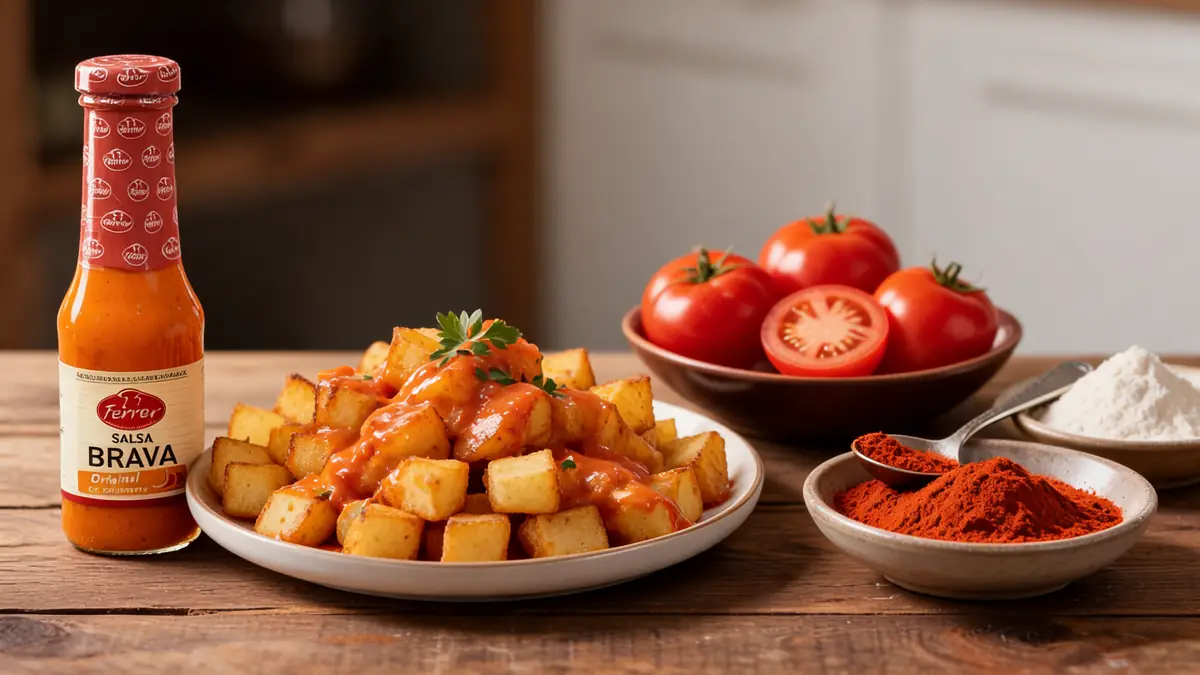 Une assiette de pommes de terre nappée de sauce bravas avec tomates et épices sur bois