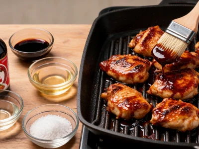 Des bols d'ingrédients et une sauce Teriyaki servent à glacer du poulet dans une poêle