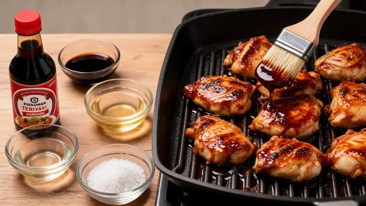 Des bols d'ingrédients et une sauce Teriyaki servent à glacer du poulet dans une poêle