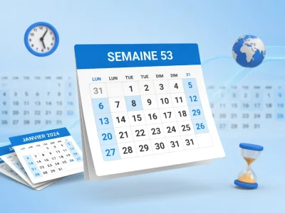 Un calendrier central entouré d'une horloge, d'un sablier et d'un globe illustre combien de semaine par année