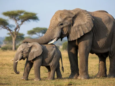 Une éléphante et son petit dans la savane illustrent la gestation éléphant