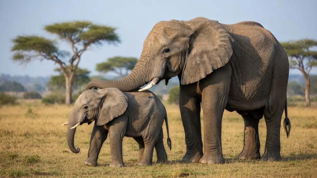 Une éléphante et son petit dans la savane illustrent la gestation éléphant