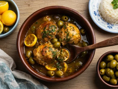 Plat traditionnel de poulet mijoté avec des olives et du citron, idéal pour vos recettes poulet au olives