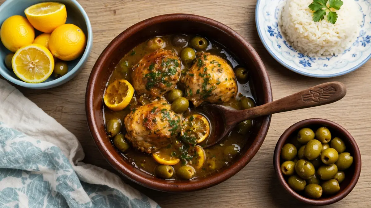 Plat traditionnel de poulet mijoté avec des olives et du citron, idéal pour vos recettes poulet au olives