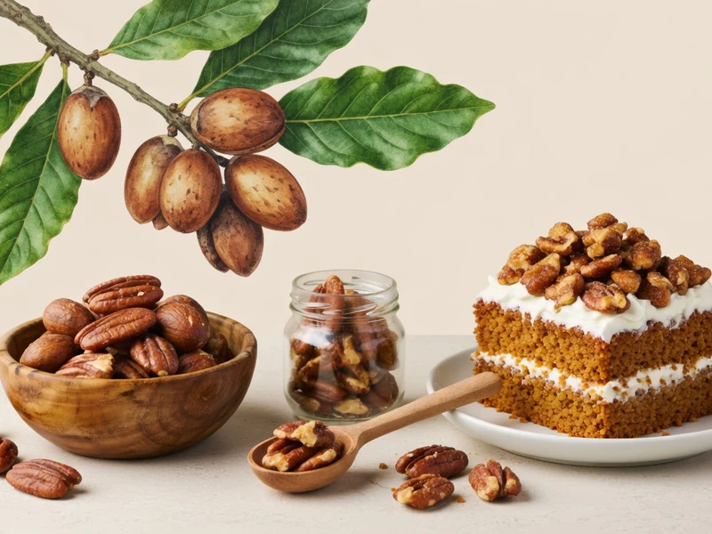 Une branche de pacanes surplombe un bol en bois, un bocal et un gâteau aux pacanes