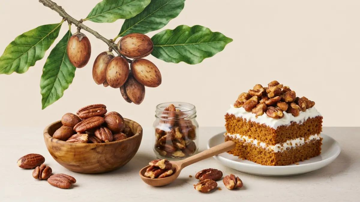 Une branche de pacanes surplombe un bol en bois, un bocal et un gâteau aux pacanes