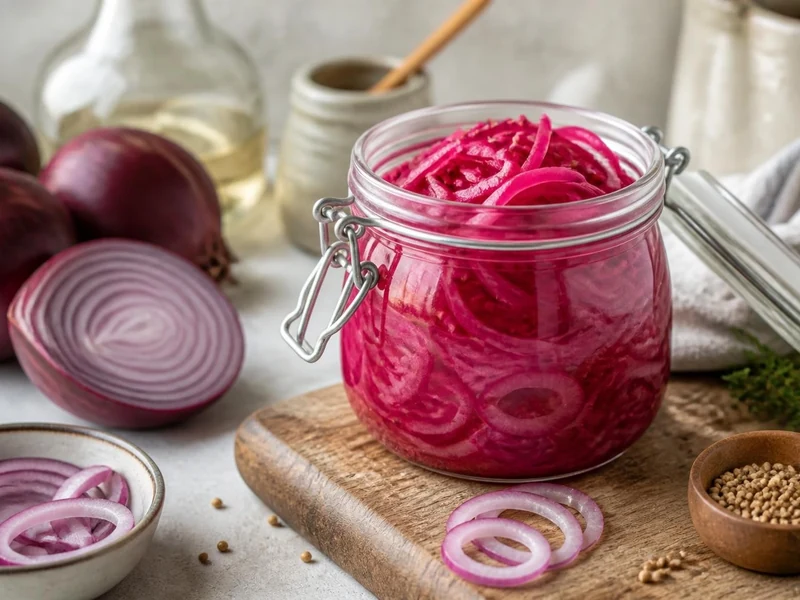 Un bocal en verre rempli de pickles oignons rouges disposé sur une planche en bois avec des oignons frais à côté