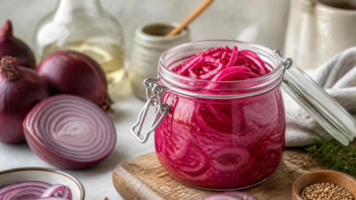 Un bocal en verre rempli de pickles oignons rouges disposé sur une planche en bois avec des oignons frais à côté