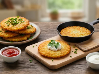 Des rosties pomme de terre dorées servies dans une poêle et sur une planche avec de la crème et de la sauce