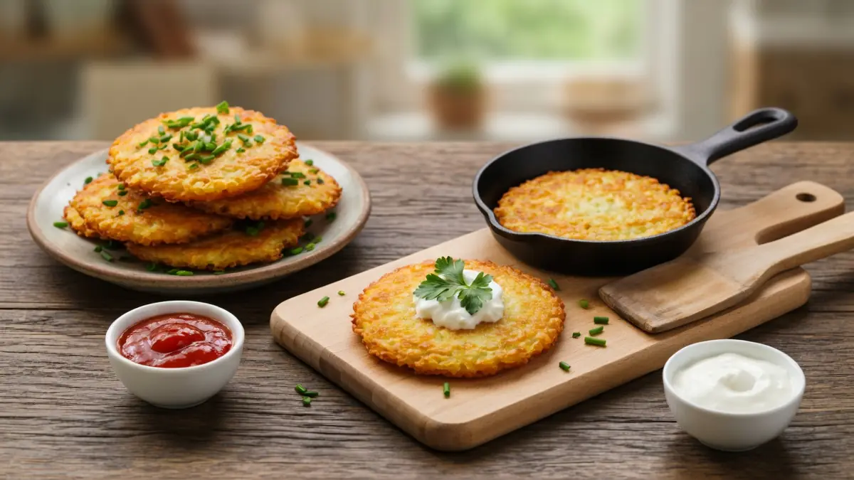 Des rosties pomme de terre dorées servies dans une poêle et sur une planche avec de la crème et de la sauce