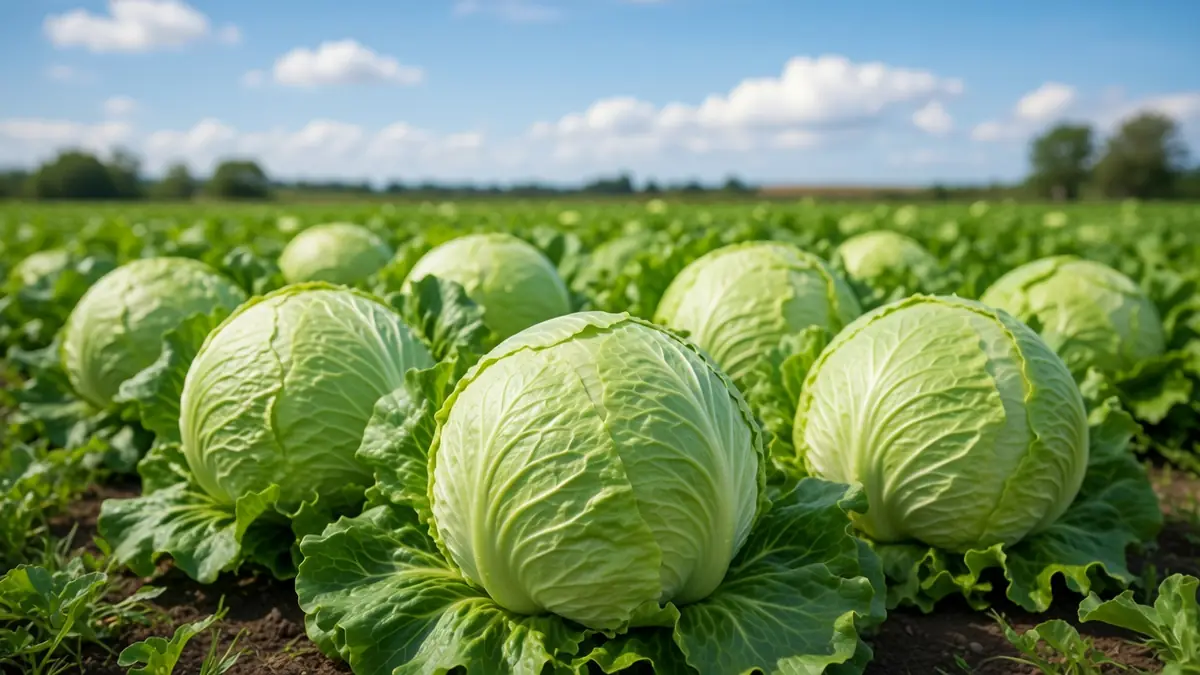 Un champ de salades iceberg sous un ciel bleu avec nuages