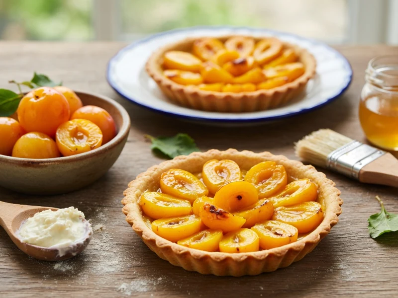 Des tartelettes aux mirabelles sont disposées sur une table en bois avec un bol de fruits et un pot de miel
