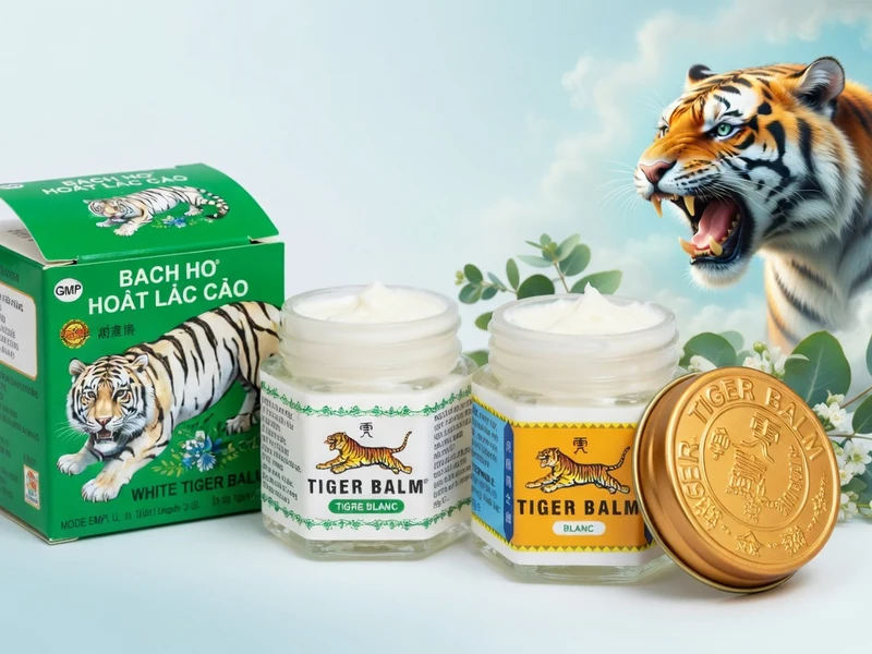 Des pots de baume du Tigre blanc sont disposés près d'un tigre en arrière-plan
