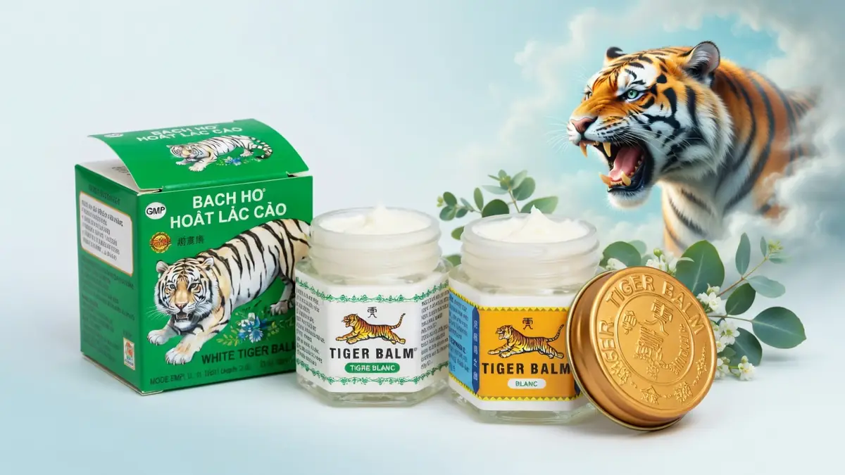 Des pots de baume du Tigre blanc sont disposés près d'un tigre en arrière-plan