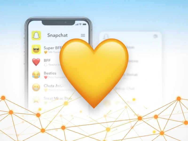 Un gros coeur jaune snapchat est affiché devant un smartphone et des lignes de réseau connectées