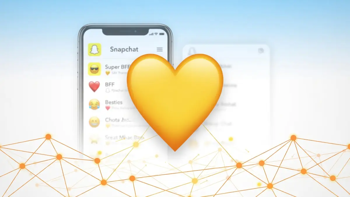 Un gros coeur jaune snapchat est affiché devant un smartphone et des lignes de réseau connectées