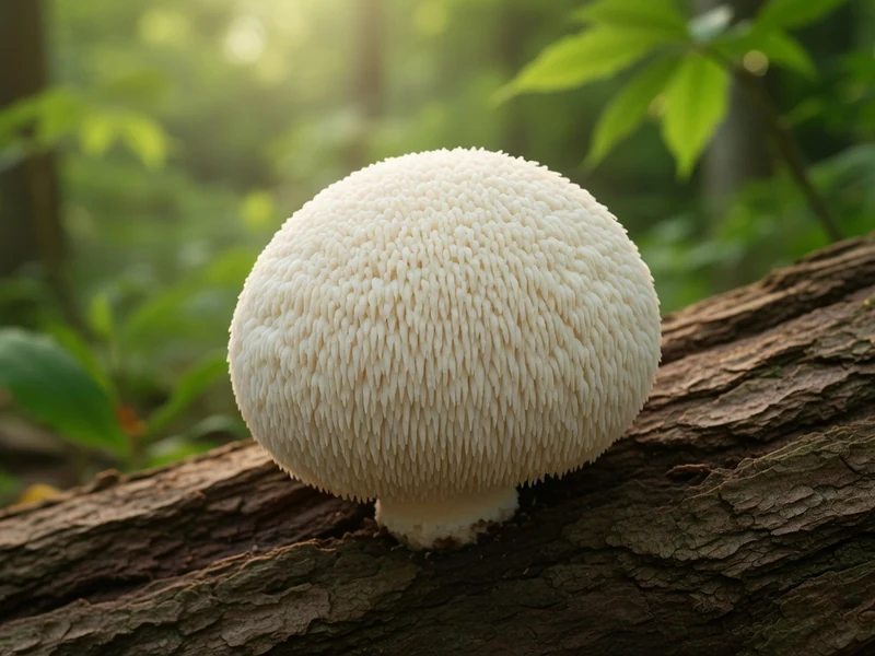 Un Lion's Mane blanc sur un tronc dans une forêt lumineuse