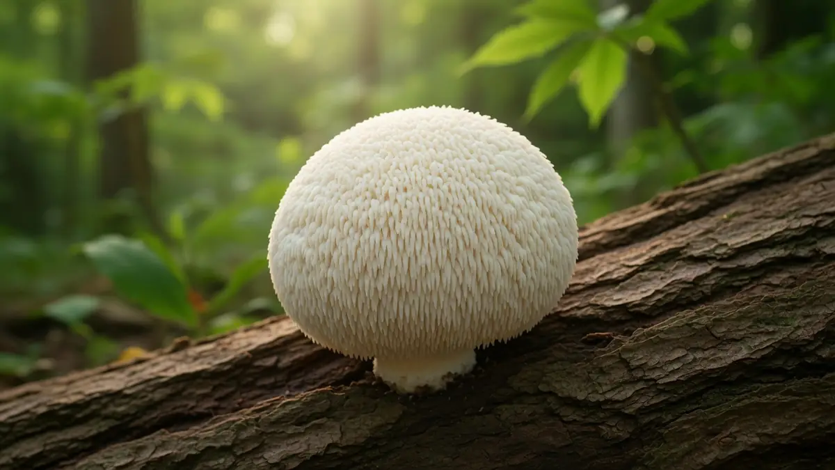 Un Lion's Mane blanc sur un tronc dans une forêt lumineuse