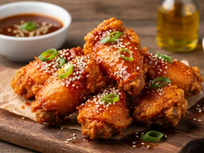 Assiette de poulet frit coréen croustillant nappé de sauce épicée et parsemé de graines de sésame sur une planche en bois