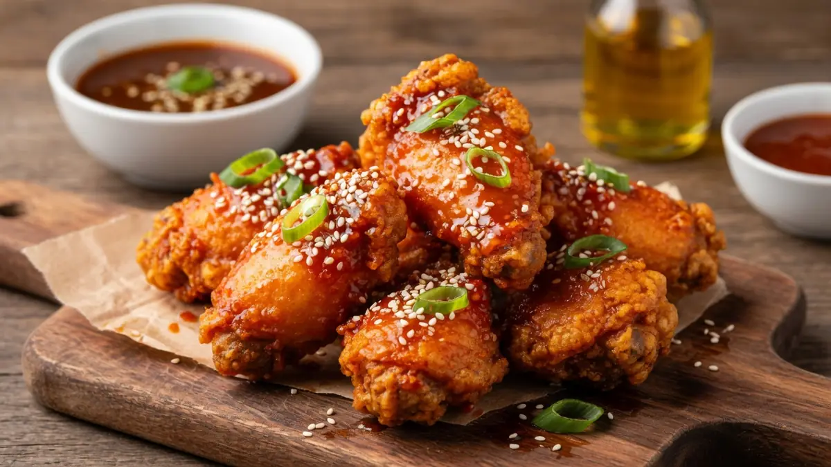 Assiette de poulet frit coréen croustillant nappé de sauce épicée et parsemé de graines de sésame sur une planche en bois