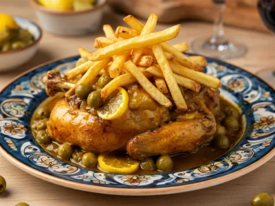 Vue d'une recette poulet aux olives marocaine dans une assiette ornée avec frites olives et citron