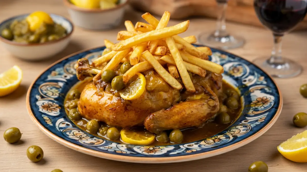Vue d'une recette poulet aux olives marocaine dans une assiette ornée avec frites olives et citron