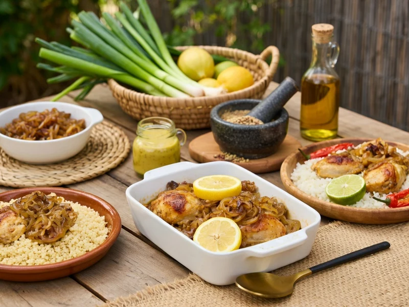 Plats de poulet aux oignons et riz mis en valeur pour illustrer cette yassa au poulet recette traditionnelle sénégalaise