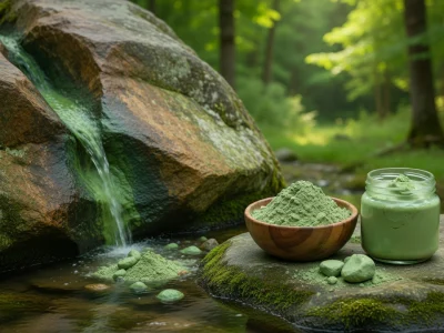 Des argiles vertes en poudre et en crème sont présentées sur une roche moussue près d'un ruisseau en forêt