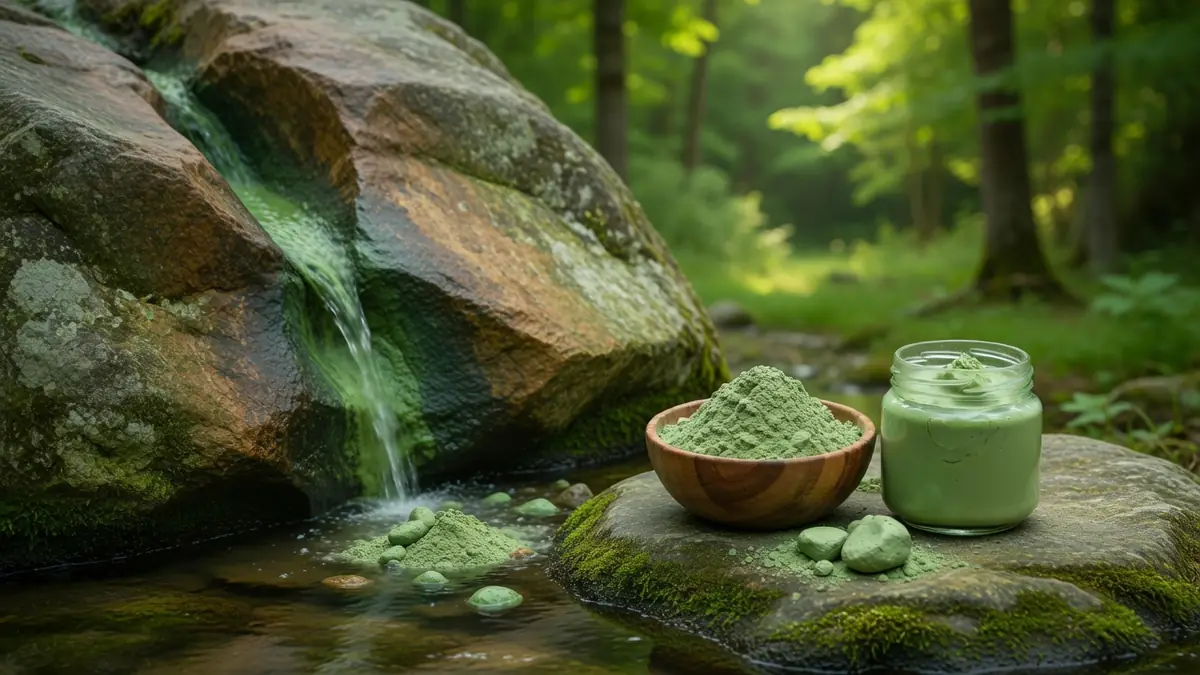 Des argiles vertes en poudre et en crème sont présentées sur une roche moussue près d'un ruisseau en forêt