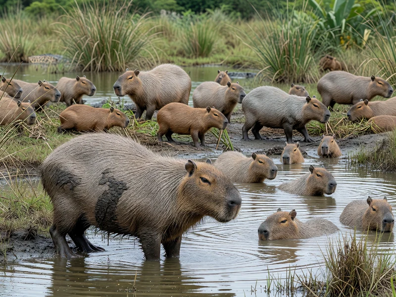 Un groupe d'animal capybara se baigne dans une rivière entourée de verdure