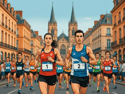 Des coureurs participent à une course à pied dans les rues de la ville lors du semi Bordeaux