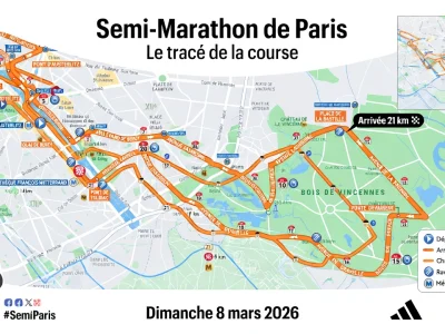 Carte du parcours du semi-marathon à Paris à travers l'est de la capitale