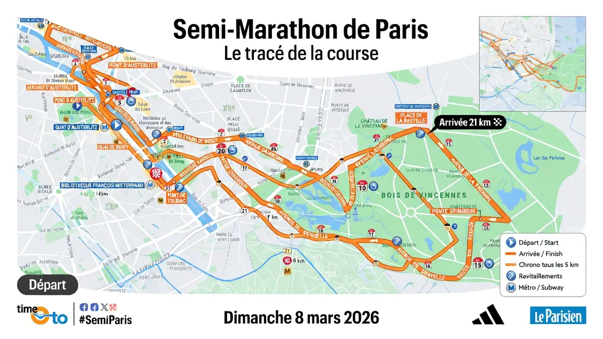 Carte du parcours du semi-marathon à Paris à travers l'est de la capitale