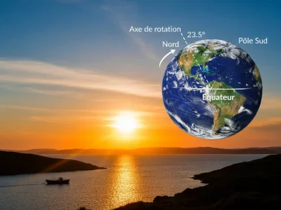 La Terre flottant au-dessus de la mer au crépuscule illustrant le solstice d'été 2026