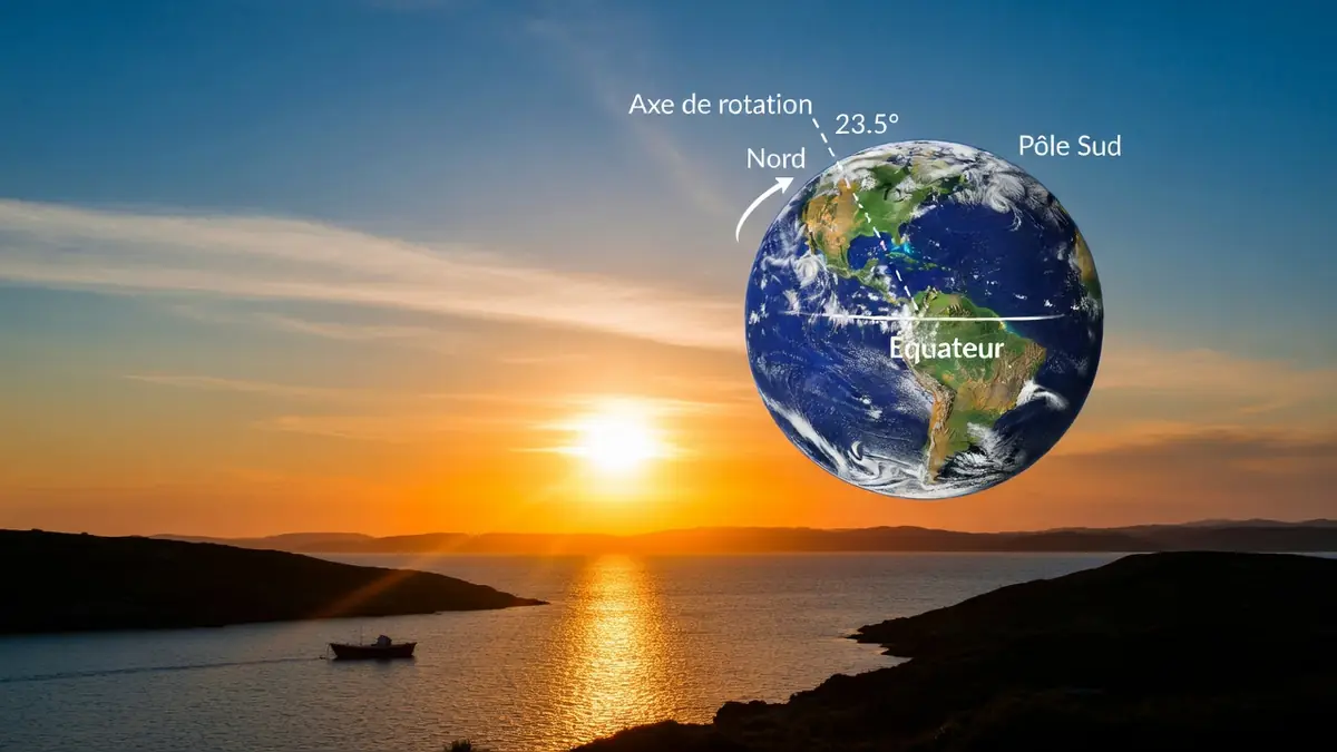 La Terre flottant au-dessus de la mer au crépuscule illustrant le solstice d'été 2026