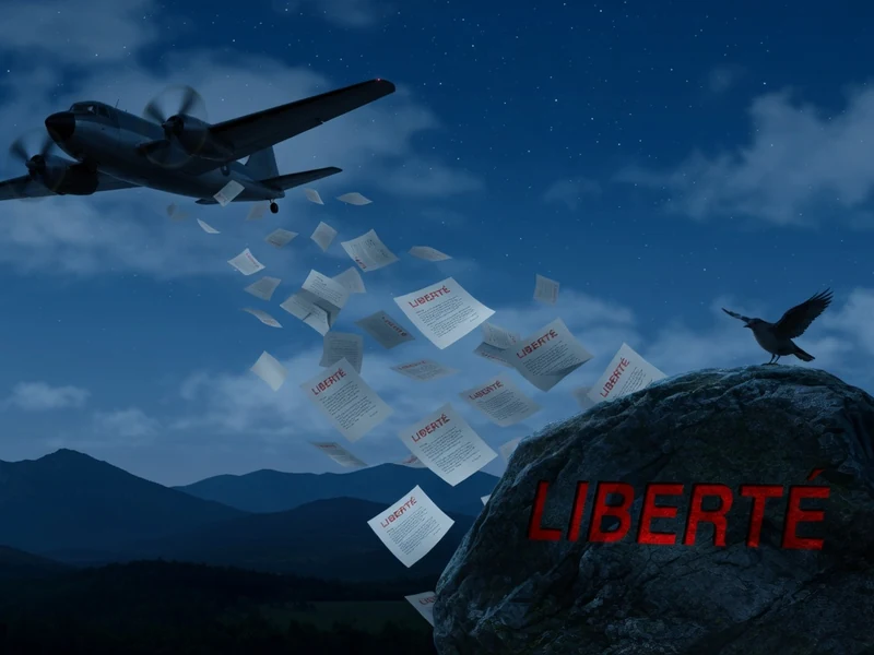 Un avion largue des poésies sur La Liberté au-dessus d'un paysage montagneux nocturne