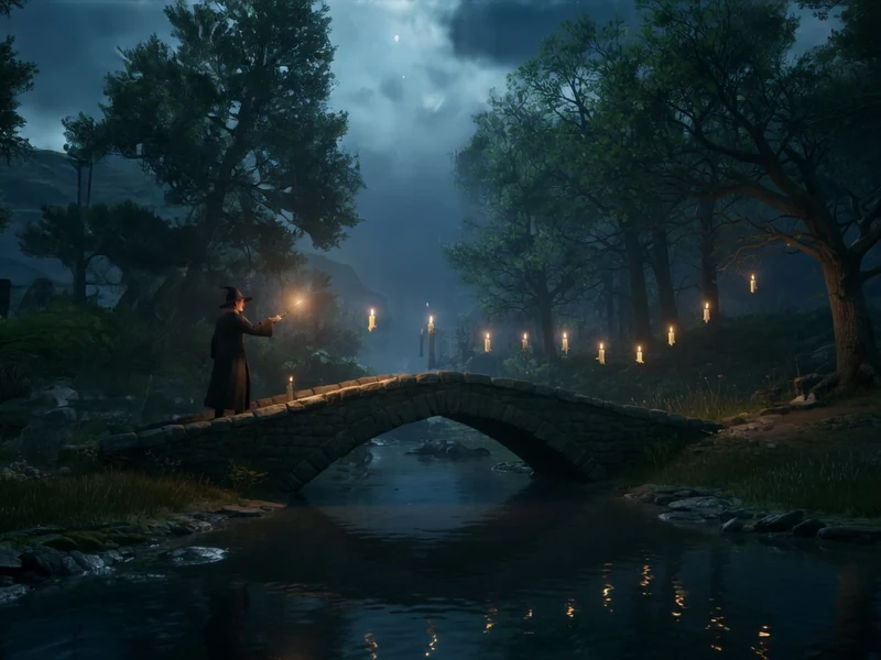 Une vue nocturne d'un sorcier sur un pont baigné de lumières flottantes illustre le Spectre de notre amour