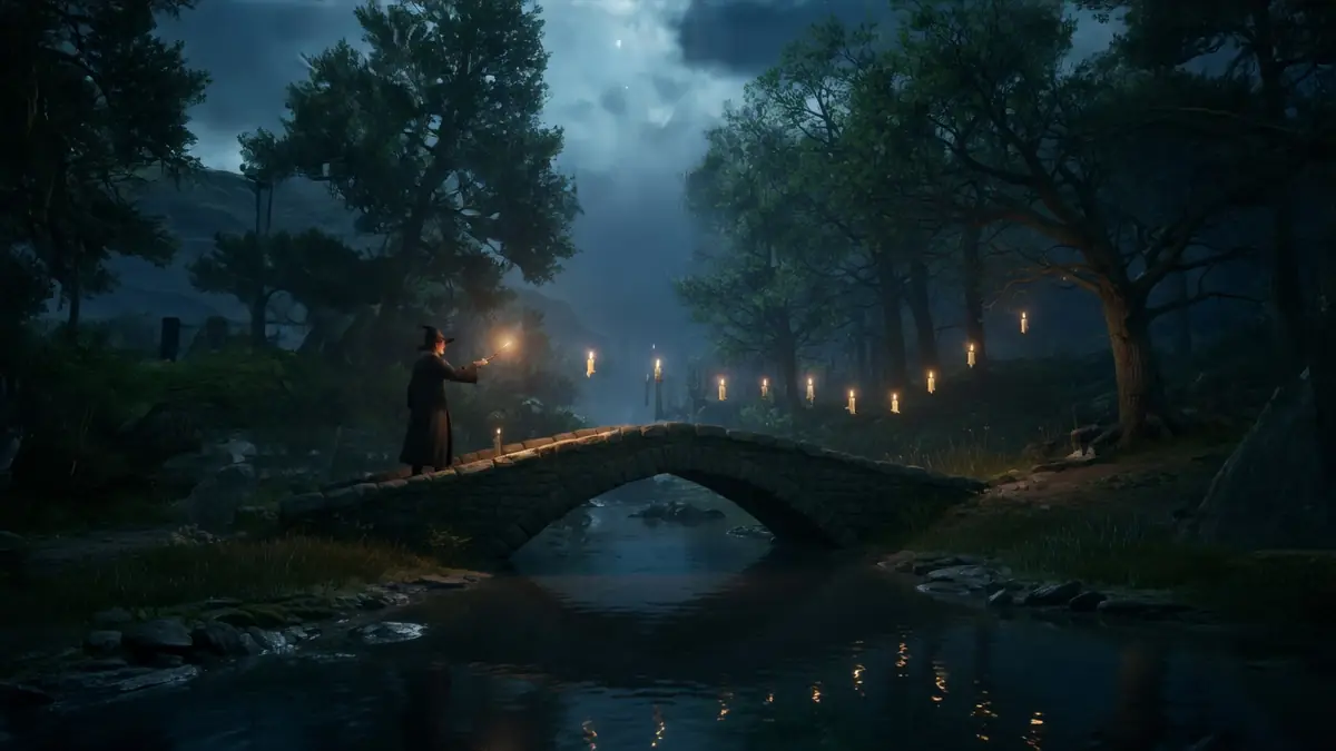 Une vue nocturne d'un sorcier sur un pont baigné de lumières flottantes illustre le Spectre de notre amour