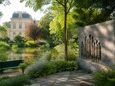 Vue paisible avec bassin, verdure et monument commémoratif dans le square du Temple Elie Wiesel à Paris