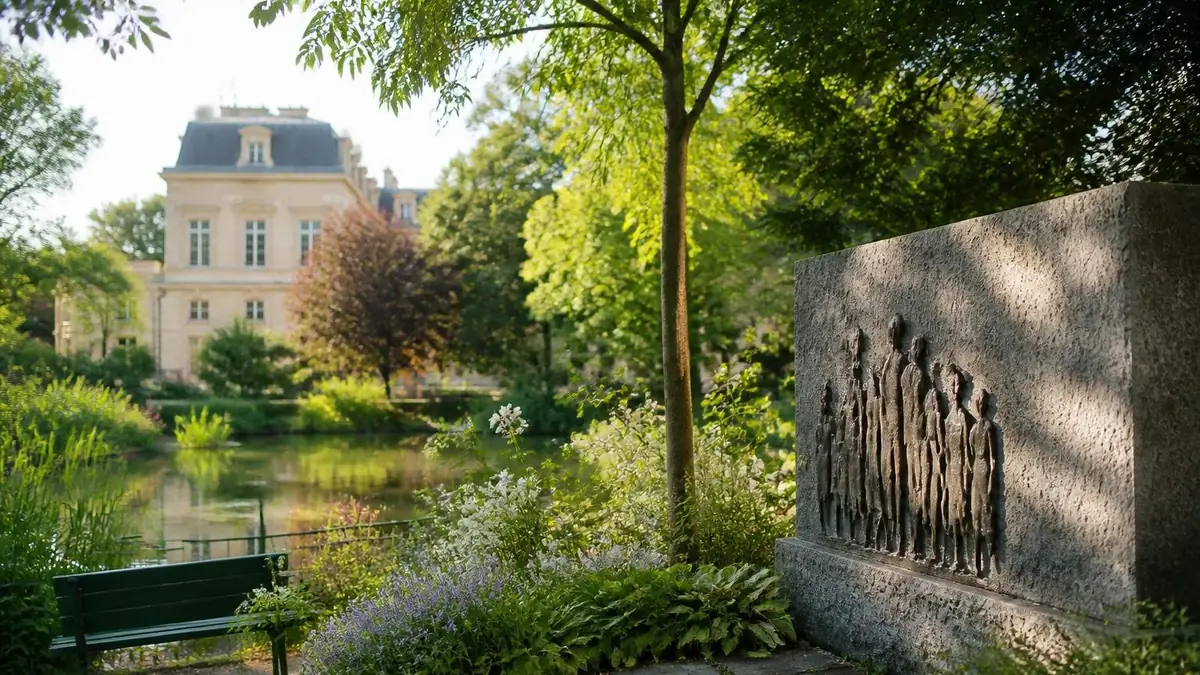 Vue paisible avec bassin, verdure et monument commémoratif dans le square du Temple Elie Wiesel à Paris
