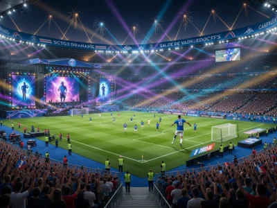 Vue aérienne d'un match de football nocturne animé au stade de France sous un impressionnant spectacle de lumières