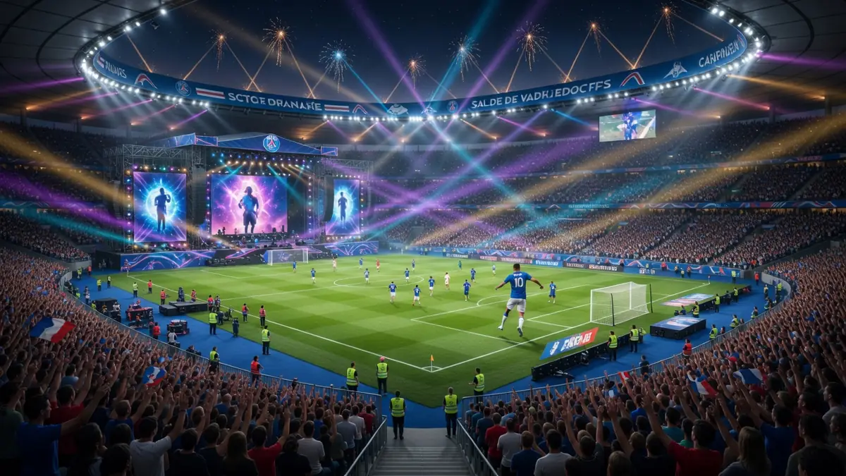 Vue aérienne d'un match de football nocturne animé au stade de France sous un impressionnant spectacle de lumières