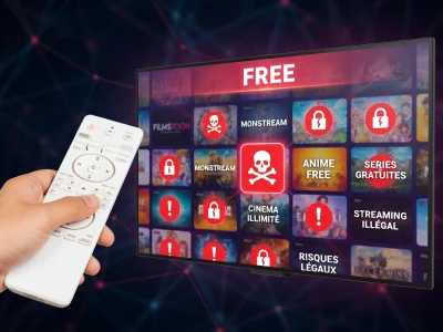 Une main tient une télécommande devant un écran de streaming intégrale entouré de cadenas