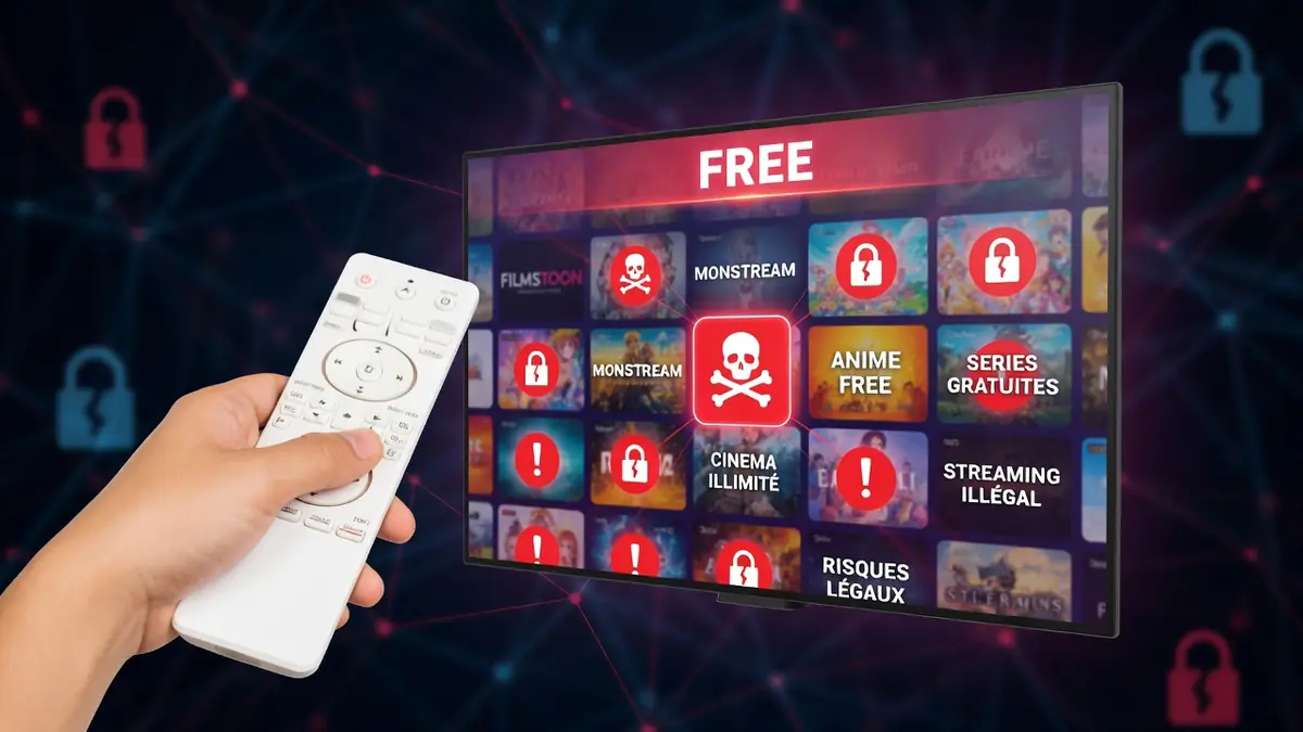 Une main tient une télécommande devant un écran de streaming intégrale entouré de cadenas