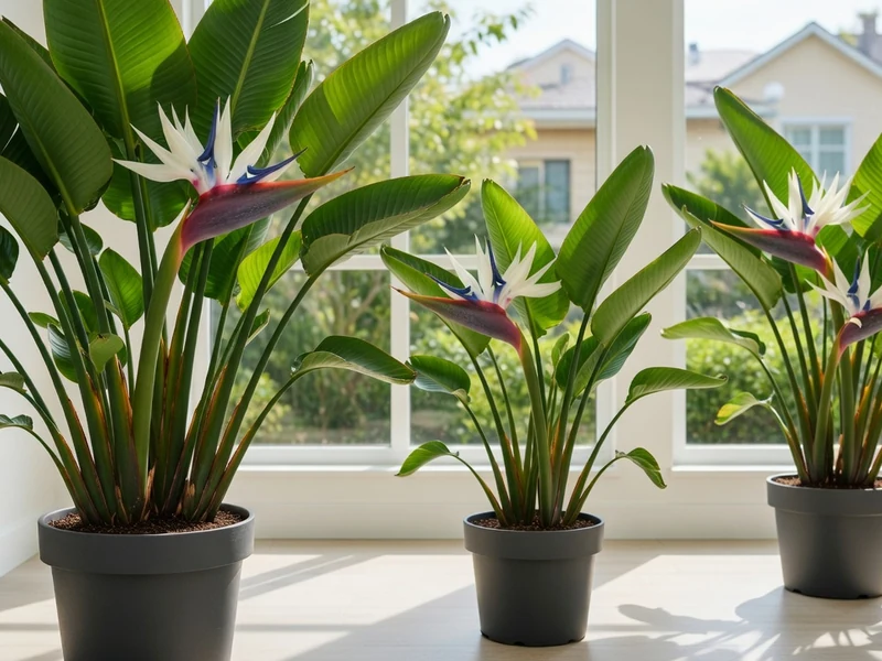 Trois pots contenant des plantes Strelitzia augusta en fleurs disposés devant une grande fenêtre lumineuse