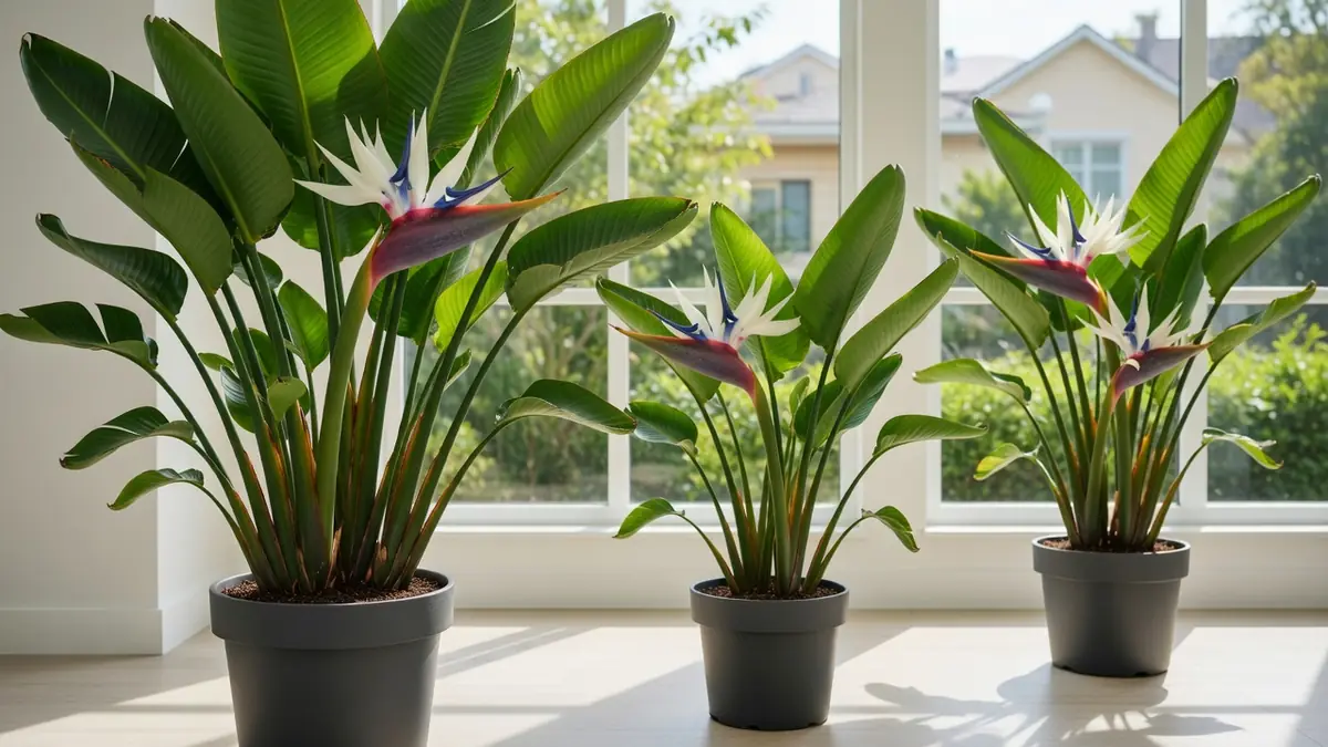 Trois pots contenant des plantes Strelitzia augusta en fleurs disposés devant une grande fenêtre lumineuse