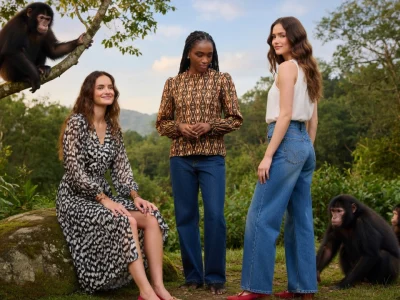 Des femmes posent avec des bonobo femme dans un cadre naturel verdoyant.