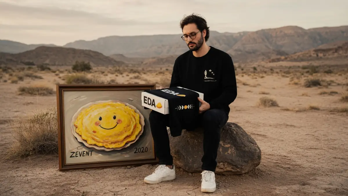 Un homme assis sur un rocher dans le désert tient l'enfant des Astres merch