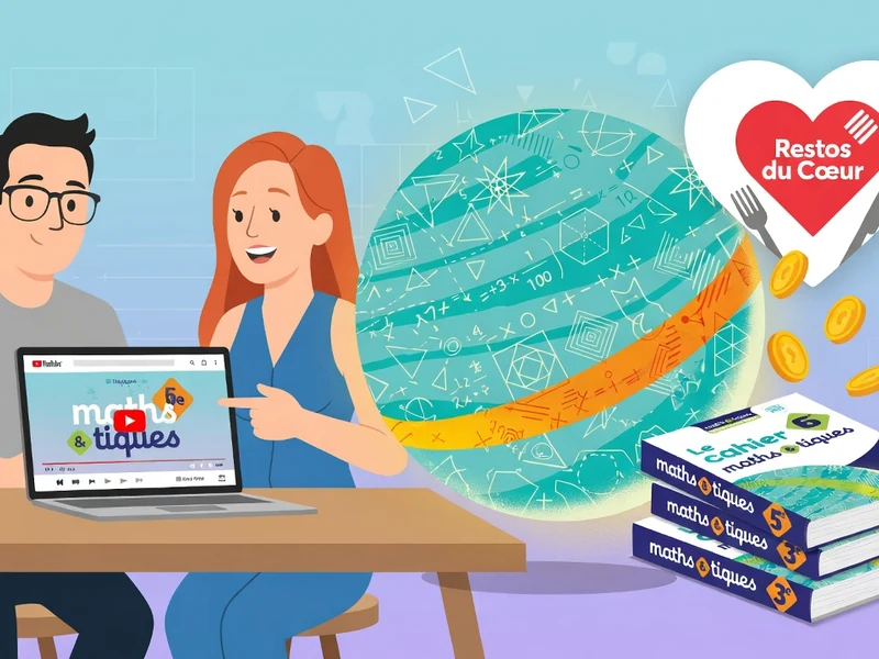 Une femme montre Maths et tiques sur ordinateur à un homme près de livres et d'une sphère mathématique